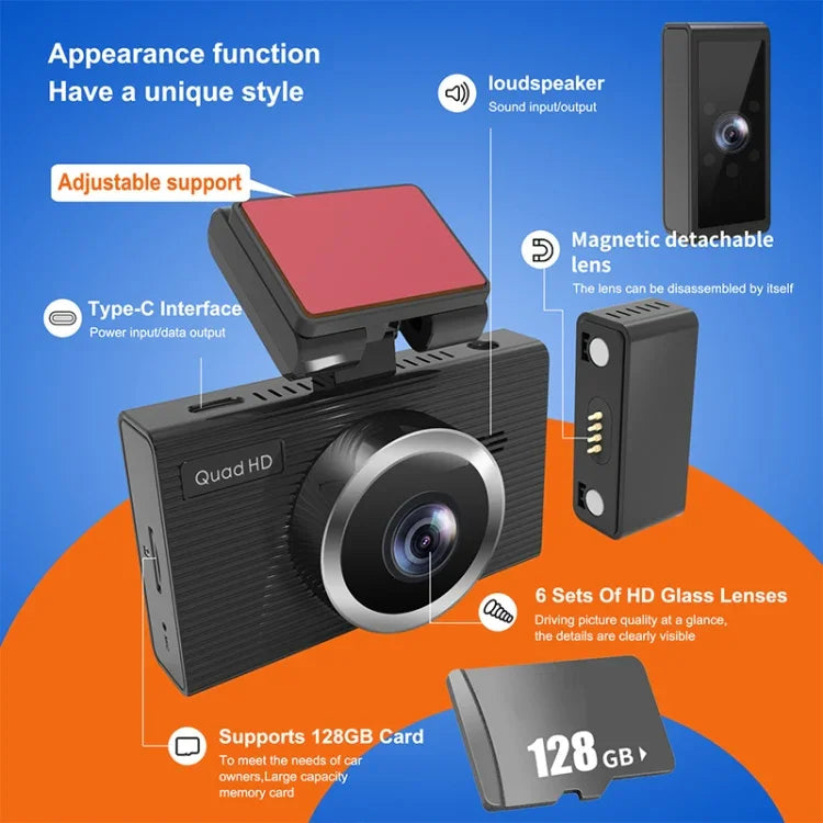 X12 เครื่องบันทึกวิดีโอรถยนต์ WiFi 2K Ultra HD มุมกว้างแบบพาโนรามา บันทึกสามช่อง รองรับแอปมือถือ, X12