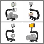 PULUZ ชุดไม้กันสั่น DV แบบถือมือรูปตัว U/C พร้อมไฟสตูดิโอ LED และหัวขาตั้งแบบ Cold Shoe สำหรับกล้อง SLR และกล้อง DV ที่บ้าน, ชุดขาตั้ง + LED