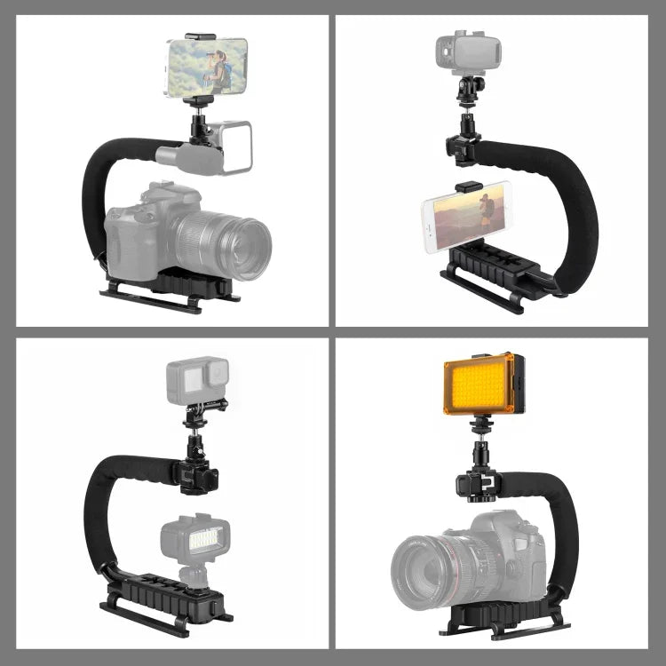 PULUZ ชุดไม้กันสั่น DV แบบถือมือรูปตัว U/C พร้อมไฟสตูดิโอ LED และหัวขาตั้งแบบ Cold Shoe สำหรับกล้อง SLR และกล้อง DV ที่บ้าน, ชุดขาตั้ง + LED