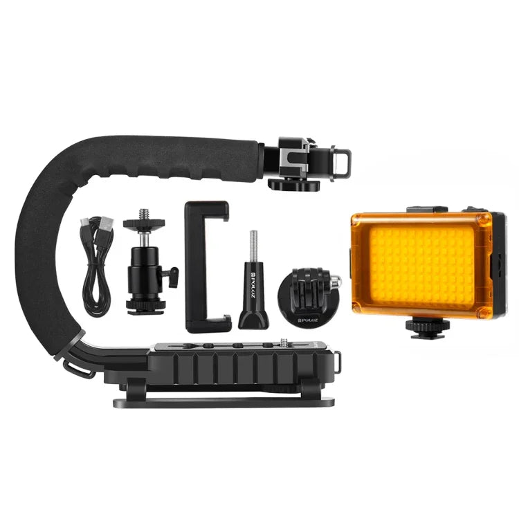 PULUZ ชุดไม้กันสั่น DV แบบถือมือรูปตัว U/C พร้อมไฟสตูดิโอ LED และหัวขาตั้งแบบ Cold Shoe สำหรับกล้อง SLR และกล้อง DV ที่บ้าน, ชุดขาตั้ง + LED