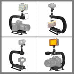 PULUZ ชุดไม้กันสั่น DV แบบถือมือรูปตัว U/C พร้อมไฟสตูดิโอ LED และไมโครโฟนปืนวิดีโอ พร้อมหัวขาตั้งแบบ Cold Shoe สำหรับกล้อง SLR และกล้อง DV ที่บ้าน, ชุดขาตั้ง + ไมค์ + LED