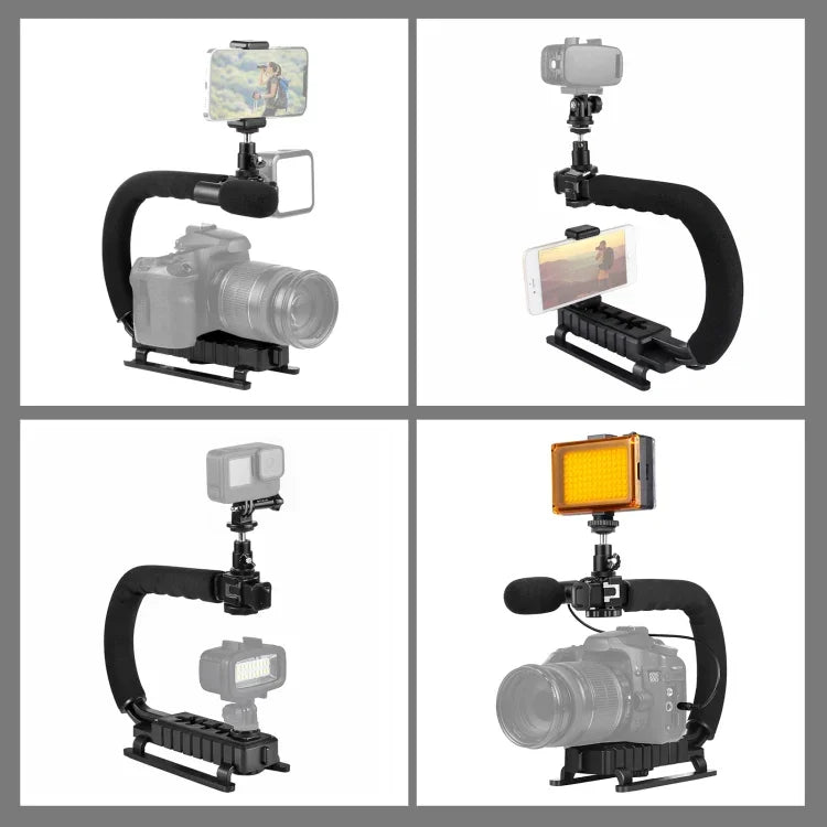 PULUZ ชุดไม้กันสั่น DV แบบถือมือรูปตัว U/C พร้อมไฟสตูดิโอ LED และไมโครโฟนปืนวิดีโอ พร้อมหัวขาตั้งแบบ Cold Shoe สำหรับกล้อง SLR และกล้อง DV ที่บ้าน, ชุดขาตั้ง + ไมค์ + LED