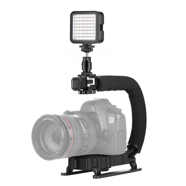 PULUZ ชุดไม้กันสั่น DV แบบถือมือรูปตัว U/C พร้อมไฟเติม LED และหัวขาตั้งแบบ Cold Shoe สำหรับกล้อง SLR และกล้อง DV ที่บ้าน, ขาตั้งรูปตัว C + ไฟเติม