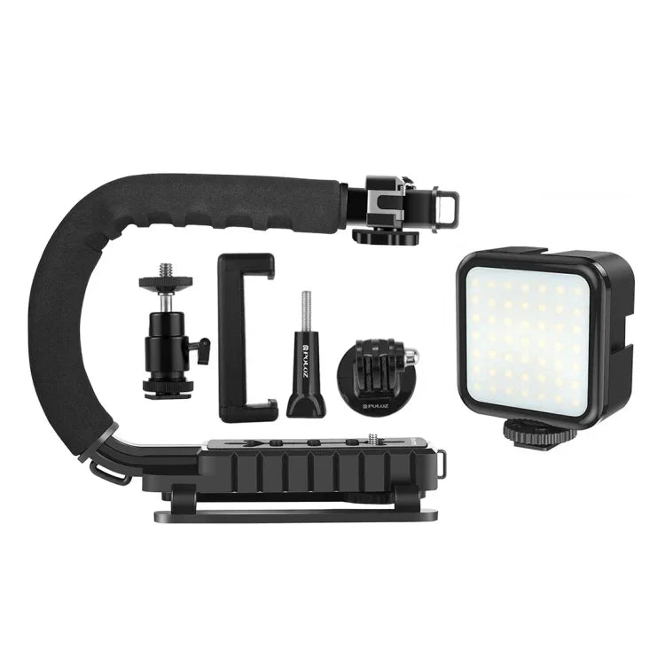 PULUZ ชุดไม้กันสั่น DV แบบถือมือรูปตัว U/C พร้อมไฟเติม LED และหัวขาตั้งแบบ Cold Shoe สำหรับกล้อง SLR และกล้อง DV ที่บ้าน, ขาตั้งรูปตัว C + ไฟเติม