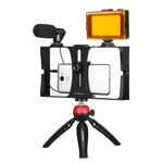 PULUZ 4 in 1 Vlogging Live Broadcast LED Selfie Light Smartphone Video Rig Kits with Microphone + Tripod Mount + Cold Shoe Tripod Head for iPhone, Galaxy, Huawei, Xiaomi, HTC, LG, Google, and Other Smartphones, 4-in-1(Blue), 4 in 1, 4-in-1(US)