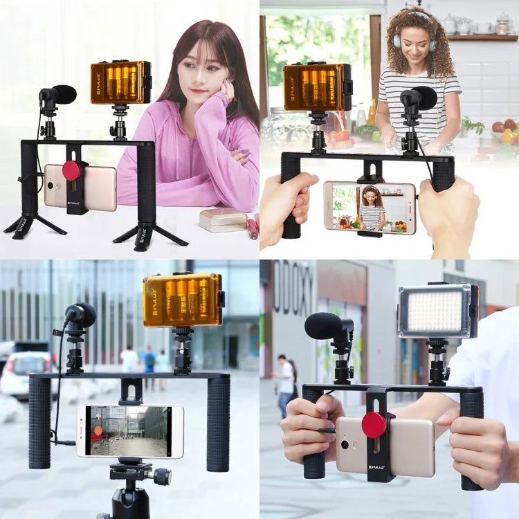 PULUZ ชุดอุปกรณ์วิดีโอสำหรับสมาร์ทโฟน 4 in 1 พร้อมไฟ LED เซลฟี่สำหรับถ่ายทอดสดและวล็อกกิ้ง พร้อมด้ามจับกันสั่นและขาตั้งอลูมิเนียม พร้อมไมโครโฟน, ขาตั้งกล้อง และหัวขาตั้งกล้องแบบ Cold Shoe, ชุดขาตั้งอลูมิเนียม