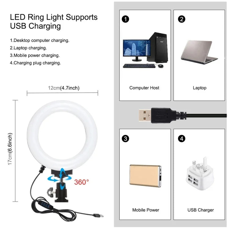 PULUZ ชุดอุปกรณ์วิดีโอสำหรับสมาร์ทโฟน 2 in 1 พร้อมไฟ LED เซลฟี่แบบวงแหวนขนาด 4.7 นิ้ว 12 ซม. สำหรับถ่ายทอดสดและวล็อกกิ้ง พร้อมหัวขาตั้งกล้องแบบ Cold Shoe สำหรับ iPhone, Galaxy, Huawei, Xiaomi, HTC, LG, Google และสมาร์ทโฟนอื่นๆ, ไฟ LED วงแหวน 2 in 1