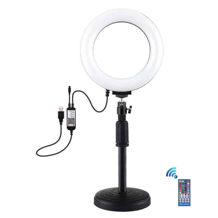 PULUZ ไฟวงแหวน LED RGBW ขนาด 6.2 นิ้ว 16 ซม. พร้อมฐานกลมตั้งโต๊ะ USB ปรับความสว่างได้ สำหรับถ่ายวิดีโอบล็อกเกอร์ พร้อมขาตั้งกล้องแบบ Cold Shoe และรีโมทคอนโทรล, ฐานตั้งโต๊ะ + ไฟ RGBW 6.2 นิ้ว / รีโมทคอนโทรล