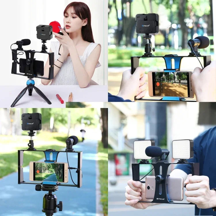 PULUZ ชุดอุปกรณ์วิดีโอสำหรับสมาร์ทโฟน 4 in 1 พร้อมไฟ LED เติมแสงเซลฟี่สำหรับถ่ายทอดสดและวล็อกกิ้ง พร้อมไมโครโฟน, ขาตั้งกล้อง และหัวขาตั้งกล้องแบบ Cold Shoe สำหรับ iPhone, Galaxy, Huawei, Xiaomi, HTC, LG, Google และสมาร์ทโฟนอื่นๆ, ชุดอุปกรณ์เติมแสง 4 in 1