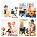 PULUZ ชุดอุปกรณ์บันทึกวิดีโอมือถือ 4 in 1 พร้อมไฟเซลฟี่ LED และไมโครโฟน + ขาตั้งกล้อง + ข้อต่อขาตั้งกล้องแบบ Cold Shoe สำหรับ iPhone, Galaxy, Huawei, Xiaomi, HTC, LG, Google และสมาร์ทโฟนอื่นๆ, ชุดบลูทูธ 4 in 1