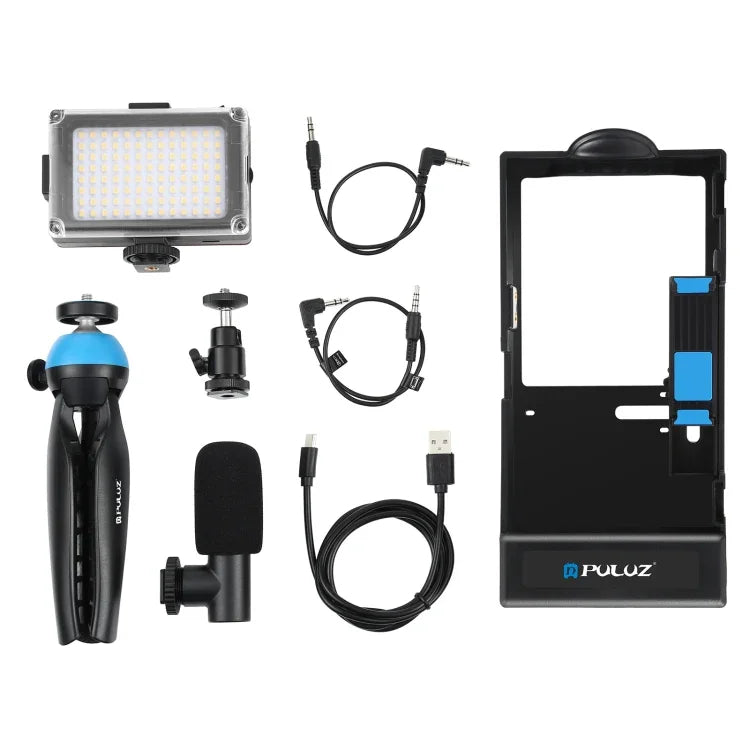 PULUZ ชุดอุปกรณ์บันทึกวิดีโอมือถือ 4 in 1 พร้อมไฟเซลฟี่ LED และไมโครโฟน + ขาตั้งกล้อง + ข้อต่อขาตั้งกล้องแบบ Cold Shoe สำหรับ iPhone, Galaxy, Huawei, Xiaomi, HTC, LG, Google และสมาร์ทโฟนอื่นๆ, ชุดบลูทูธ 4 in 1