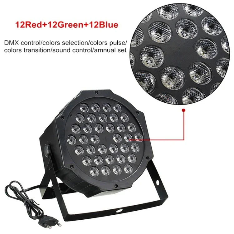 ไฟ LED PAR DMX512 RGB 36W 36 ดวง พร้อมรีโมทคอนโทรล, สโตรบ + ควบคุมเสียง + เคลื่อนที่เอง, AC 100-240V, RGB พร้อมรีโมทคอนโทรล