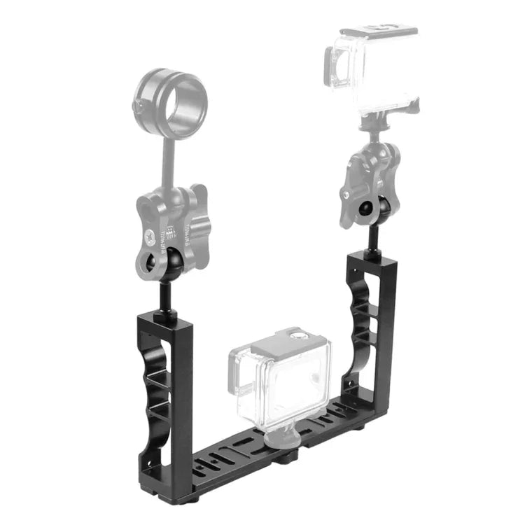 ขาตั้งแขนไฟดำน้ำแบบถือคู่ CNC อลูมิเนียม PULUZ ปรับได้ สำหรับ GoPro, Insta360, DJI และกล้องแอคชั่นอื่นๆ, ขาตั้งแขนไฟแบบถือคู่