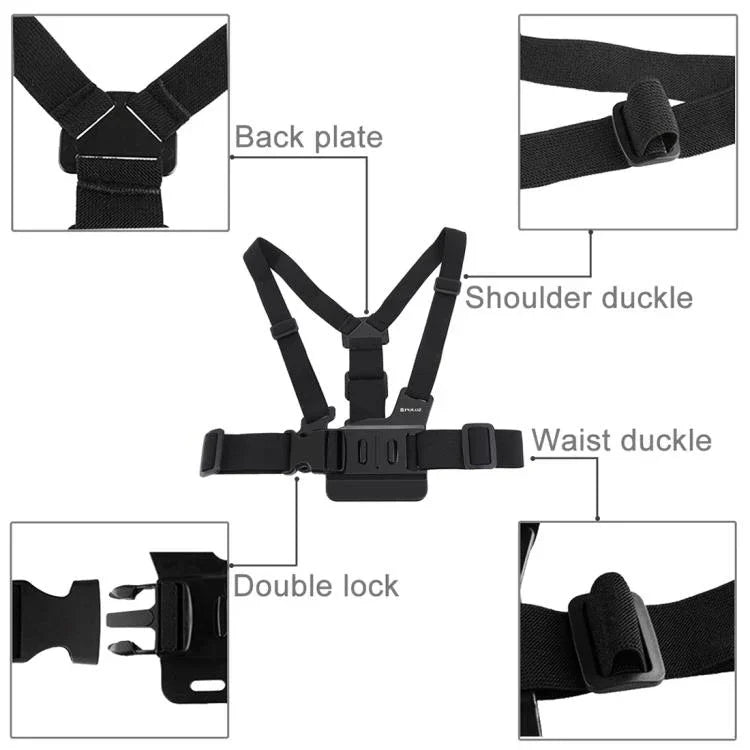 สายรัดอกแบบปรับได้ PULUZ พร้อมตัวยึด J Hook และสกรูยาวสำหรับ GoPro, Insta360, DJI และกล้องแอคชั่นอื่นๆ, สายรัดอก