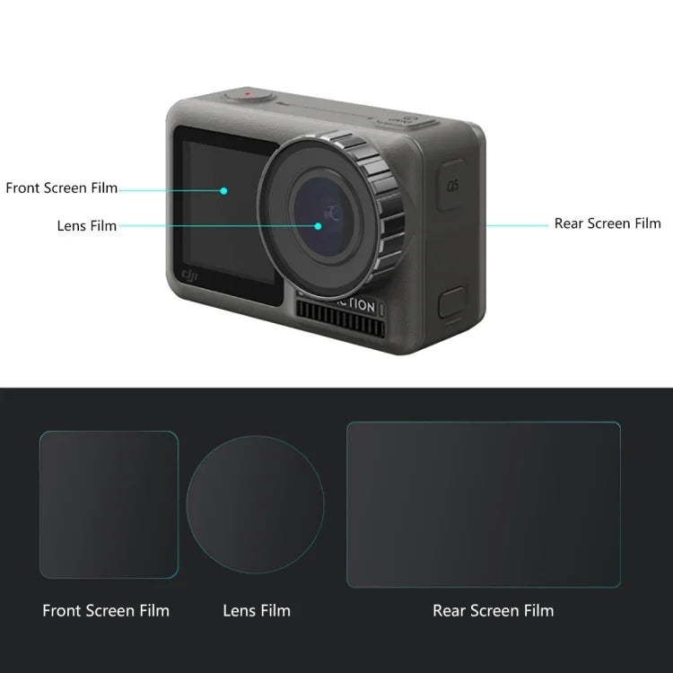 PULUZ เลนส์ + ฟิล์มกระจกนิรภัย 9H 2.5D สำหรับหน้าจอ LCD หน้าและหลัง DJI Osmo Action, สำหรับ DJI Osmo Action