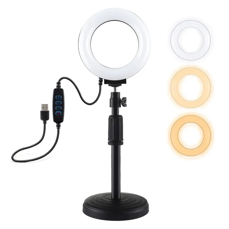 ฐานกลมตั้งโต๊ะ PULUZ + ไฟวงแหวน LED USB ปรับความสว่างได้ 3 โหมด ขนาด 4.7 นิ้ว 12cm สำหรับถ่ายวิดีโอ Vlogging, ปรับความสูงได้: 15.5cm-25.5cm, ฐานตั้งโต๊ะ+4.7 นิ้ว