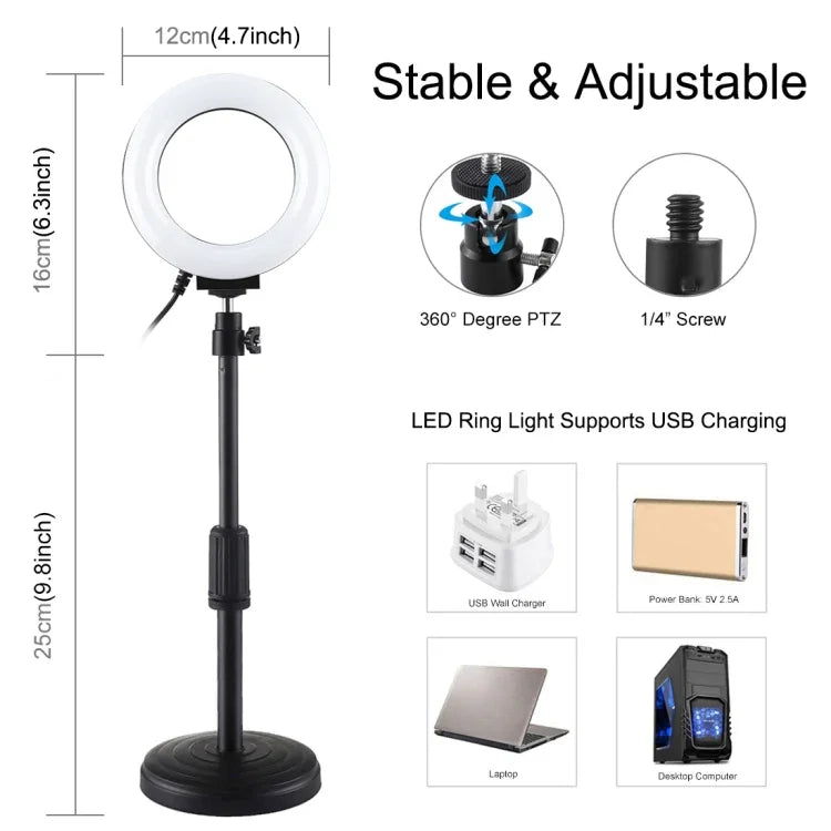 ฐานกลมตั้งโต๊ะ PULUZ + ไฟวงแหวน LED USB ปรับความสว่างได้ 3 โหมด ขนาด 4.7 นิ้ว 12cm สำหรับถ่ายวิดีโอ Vlogging, ปรับความสูงได้: 15.5cm-25.5cm, ฐานตั้งโต๊ะ+4.7 นิ้ว