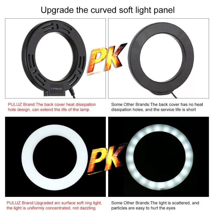 ฐานกลมตั้งโต๊ะ PULUZ + ไฟวงแหวน LED USB ปรับความสว่างได้ 3 โหมด ขนาด 4.7 นิ้ว 12cm สำหรับถ่ายวิดีโอ Vlogging, ปรับความสูงได้: 15.5cm-25.5cm, ฐานตั้งโต๊ะ+4.7 นิ้ว