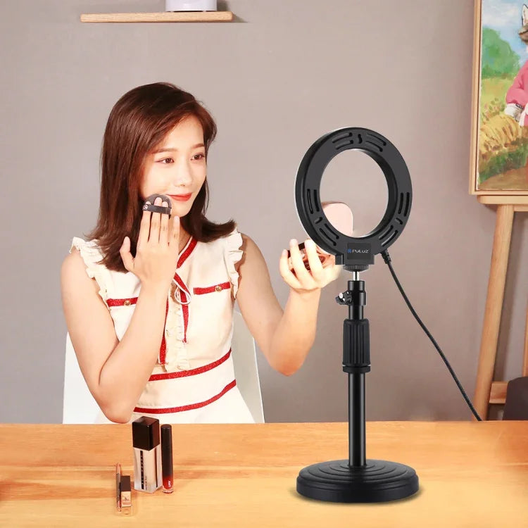 ฐานกลมตั้งโต๊ะ PULUZ + ไฟวงแหวน LED USB ปรับความสว่างได้ 3 โหมด ขนาด 4.7 นิ้ว 12cm สำหรับถ่ายวิดีโอ Vlogging, ปรับความสูงได้: 15.5cm-25.5cm, ฐานตั้งโต๊ะ+4.7 นิ้ว