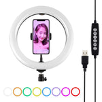 ไฟวงแหวน LED RGBW ปรับความสว่างได้ PULUZ 10.2 นิ้ว 26 ซม. USB 10 โหมด 8 สี สำหรับถ่ายวิดีโอ Vlogging พร้อมขาตั้งกล้องหัวบอล, Cold Shoe และที่หนีบโทรศัพท์, 10.2 นิ้ว RGBW