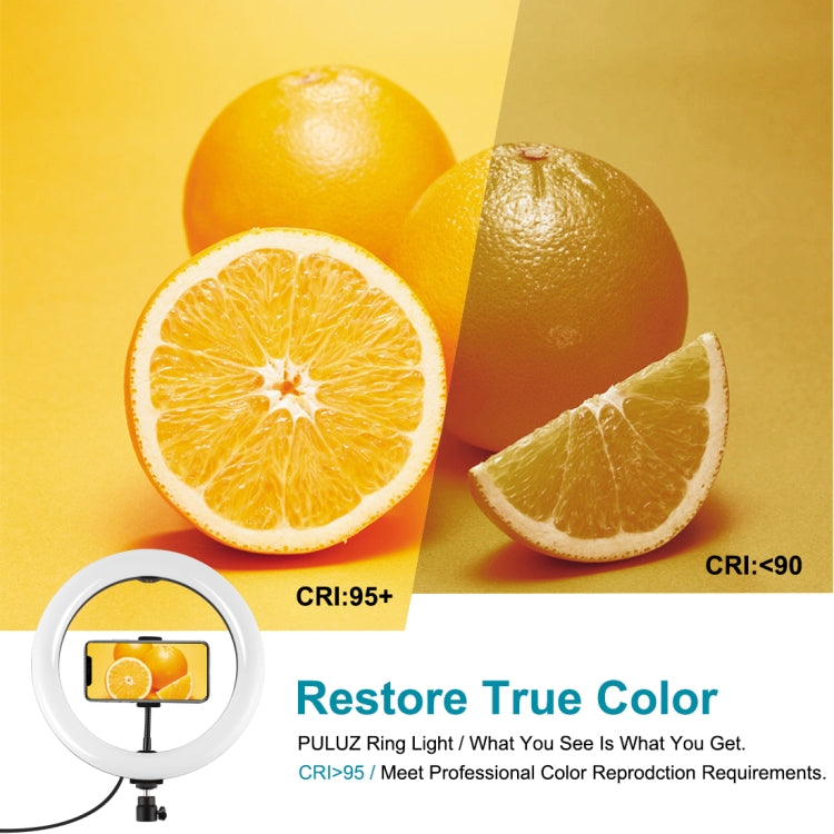 ไฟวงแหวน LED RGBW ปรับความสว่างได้ PULUZ 10.2 นิ้ว 26 ซม. USB 10 โหมด 8 สี สำหรับถ่ายวิดีโอ Vlogging พร้อมขาตั้งกล้องหัวบอล, Cold Shoe และที่หนีบโทรศัพท์, 10.2 นิ้ว RGBW