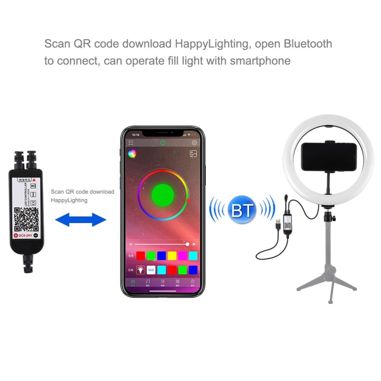 ไฟวงแหวน LED RGBW ปรับความสว่างได้ PULUZ 10.2 นิ้ว 26 ซม. USB ผิวโค้ง 10 โหมด 8 สี สำหรับถ่ายวิดีโอ Vlogging พร้อมขาตั้งกล้องหัวบอล, รีโมท และที่หนีบโทรศัพท์, 10.2 นิ้ว RGBW