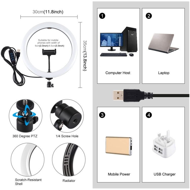 ไฟวงแหวน LED PULUZ 11.8 นิ้ว 30 ซม. USB 3 โหมด ปรับความสว่างได้ อุณหภูมิสีคู่ สำหรับถ่ายวิดีโอ Vlogging เซลฟี่ พร้อมที่หนีบโทรศัพท์, 11.8 นิ้ว