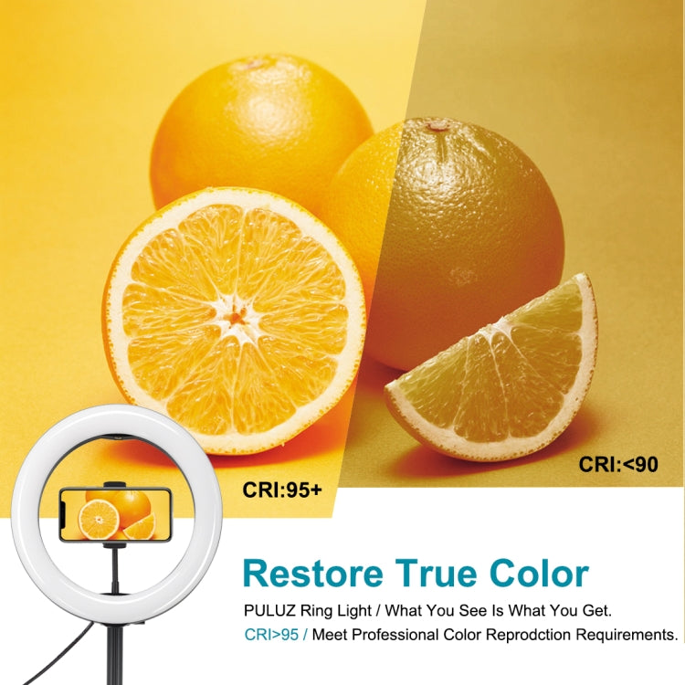 PULUZ ไฟวงแหวน LED โค้ง 10.2 นิ้ว 26 ซม. USB 3 โหมด ปรับความสว่างได้ สีไฟสองโทน พร้อมรีโมทบลูทูธ ขาตั้งโต๊ะพับได้ และที่หนีบโทรศัพท์ สำหรับถ่ายวิดีโอเซลฟี่และวล็อก