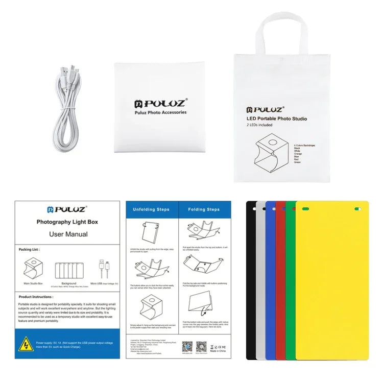 PULUZ 20cm รวม 2 แผงไฟ LED แบบพับได้ ไฟสตูดิโอถ่ายภาพพกพา 1100LM พร้อมกล่องเต็นท์ถ่ายภาพและฉากหลัง 6 สี (ดำ, ขาว, เหลือง, แดง, เขียว, น้ำเงิน), ขนาดกางออก: 24cm x 23cm x 23cm, 20cm(2 LED/RU), 20cm(2 LED)