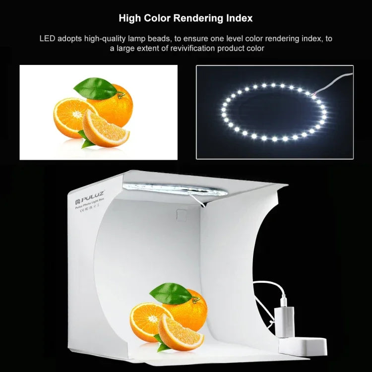 PULUZ แผงไฟ LED แบบวงแหวนขนาด 23 ซม. แบบพับได้ ชุดกล่องเต็นท์ถ่ายภาพพร้อมฉากหลัง 6 สี (ดำ, ขาว, เหลือง, แดง, เขียว, น้ำเงิน), ขนาดกางออก: 24 ซม. x 23 ซม. x 23 ซม., แผงไฟ LED แบบวงแหวน 23 ซม.