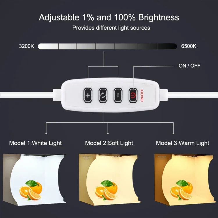 PULUZ แผงไฟ LED แบบวงแหวนขนาด 23 ซม. แบบพับได้ ชุดกล่องเต็นท์ถ่ายภาพพร้อมฉากหลัง 6 สี (ดำ, ขาว, เหลือง, แดง, เขียว, น้ำเงิน), ขนาดกางออก: 24 ซม. x 23 ซม. x 23 ซม., แผงไฟ LED แบบวงแหวน 23 ซม.
