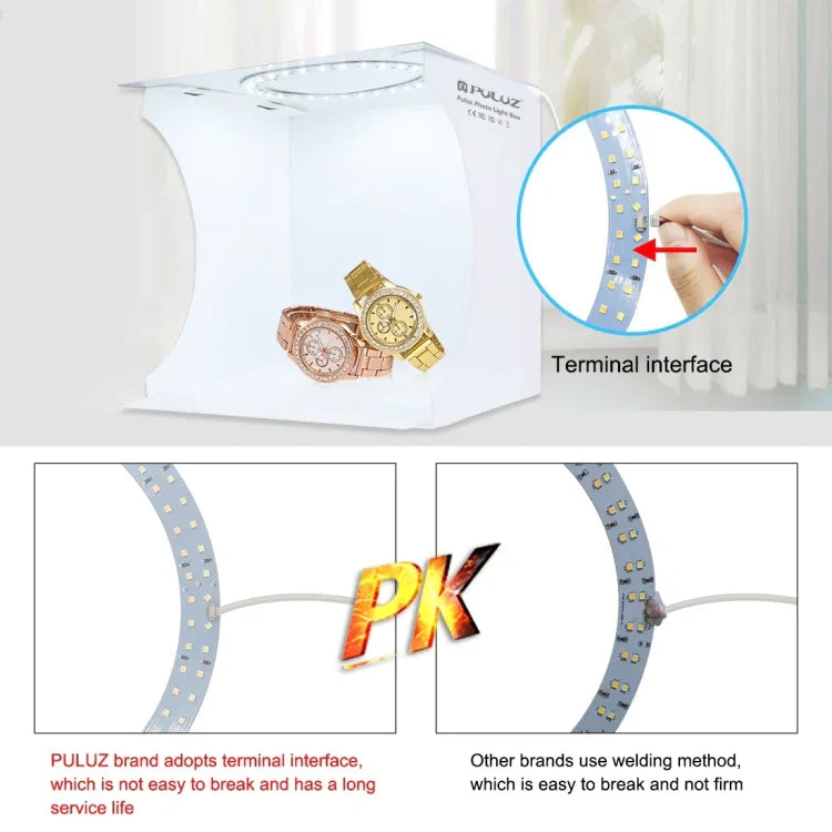 PULUZ แผงไฟ LED แบบวงแหวนขนาด 23 ซม. แบบพับได้ ชุดกล่องเต็นท์ถ่ายภาพพร้อมฉากหลัง 6 สี (ดำ, ขาว, เหลือง, แดง, เขียว, น้ำเงิน), ขนาดกางออก: 24 ซม. x 23 ซม. x 23 ซม., แผงไฟ LED แบบวงแหวน 23 ซม.