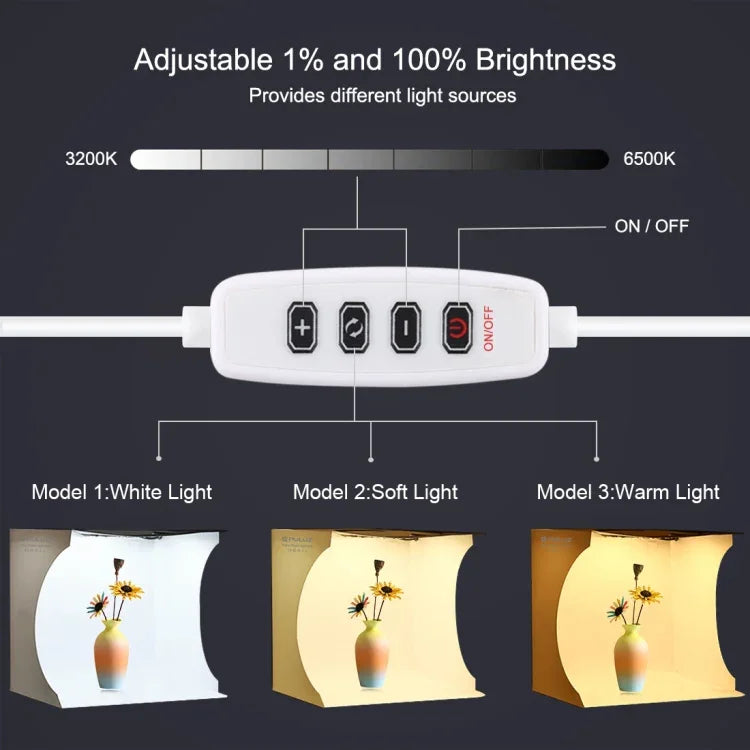 PULUZ ชุดไฟวงแหวนพกพาพับได้ขนาด 30 ซม. พร้อมเต็นท์ถ่ายภาพและฉากหลัง 6 สี (ดำ, ขาว, เหลือง, แดง, เขียว, น้ำเงิน), ขนาดกางออก: 31 ซม. x 31 ซม. x 32 ซม., กล่องขนาด 30 ซม.