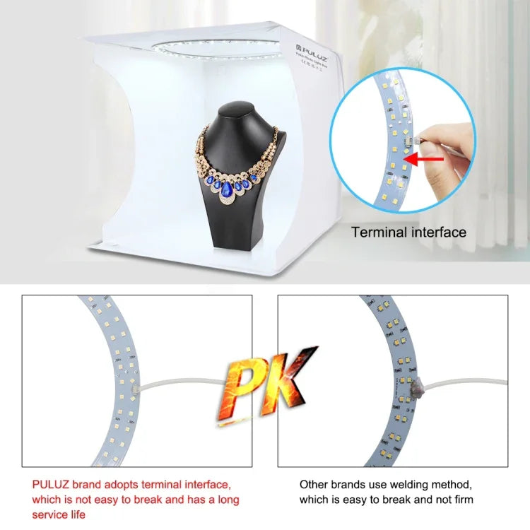 PULUZ ชุดไฟวงแหวนพกพาพับได้ขนาด 30 ซม. พร้อมเต็นท์ถ่ายภาพและฉากหลัง 6 สี (ดำ, ขาว, เหลือง, แดง, เขียว, น้ำเงิน), ขนาดกางออก: 31 ซม. x 31 ซม. x 32 ซม., กล่องขนาด 30 ซม.