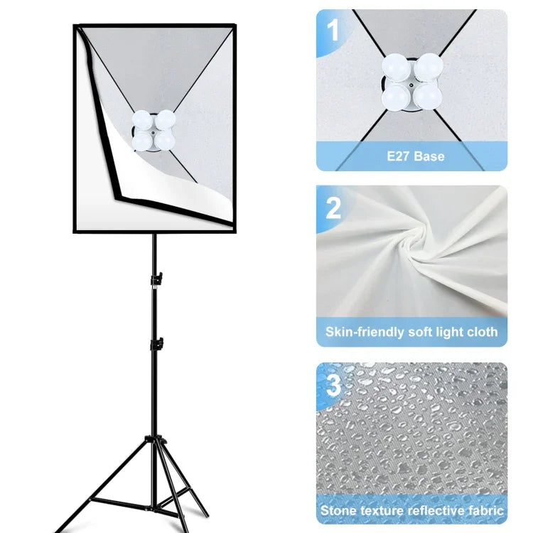 ชุดถ่ายภาพ PULUZ Softbox สตูดิโอ 50x70 ซม. + ขาตั้งกล้อง 2 ม. + หลอดไฟ LED 220V E27 20W 5700K แสงขาว 4 หลอด, 4 หลอด EU Plug, 4 หลอด US Plug
