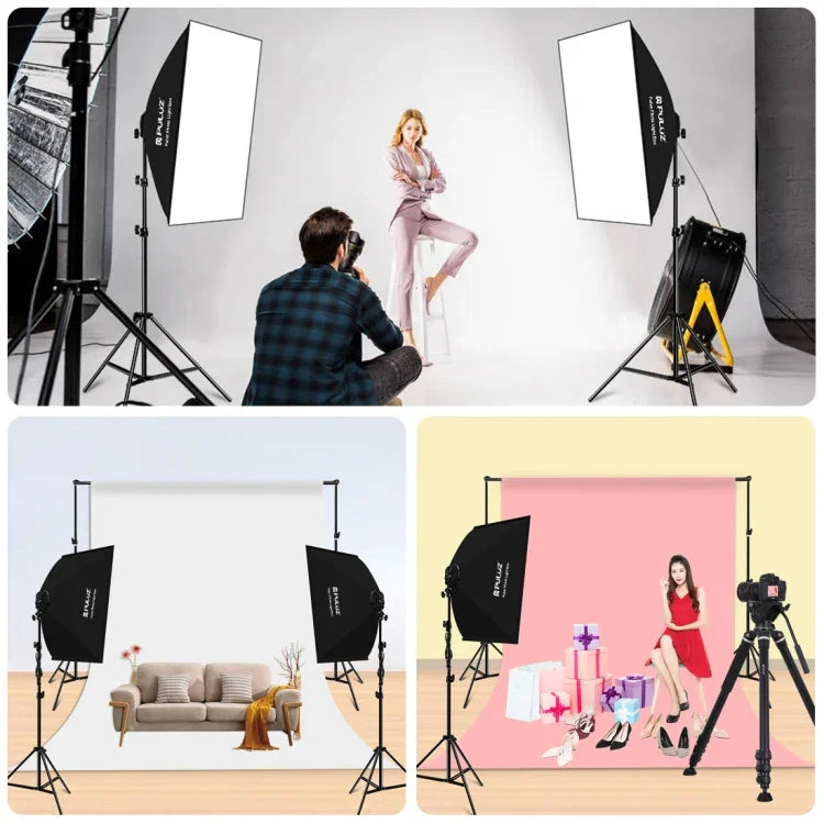 ชุดถ่ายภาพ PULUZ Softbox สตูดิโอ 50x70 ซม. + ขาตั้งกล้อง 2 ม. + หลอดไฟ LED 220V E27 20W 5700K แสงขาว 4 หลอด, 4 หลอด EU Plug, 4 หลอด US Plug