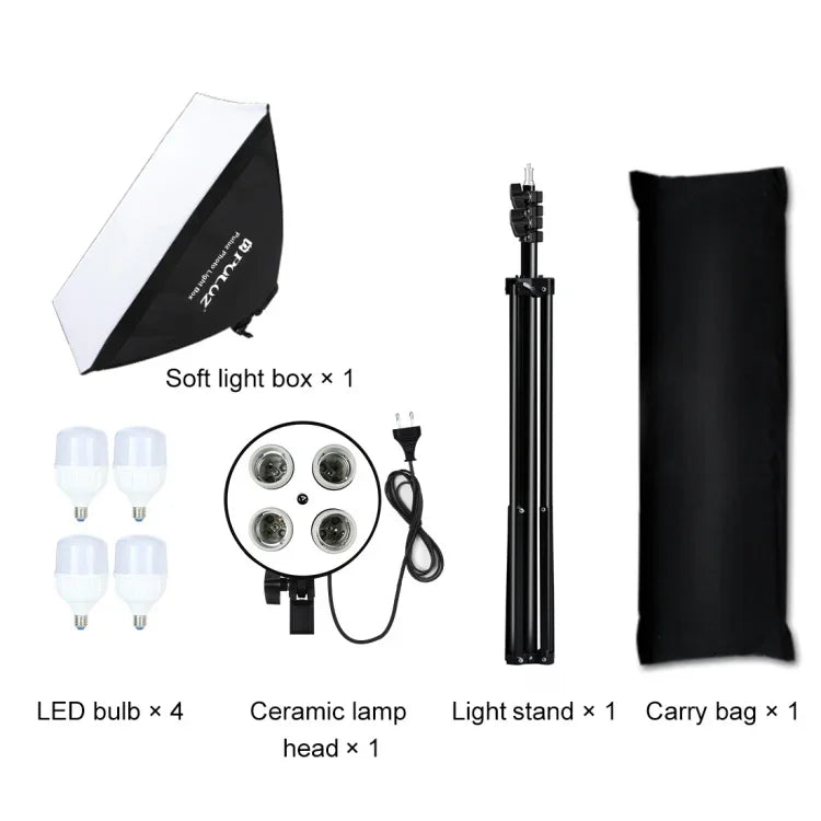 ชุดถ่ายภาพ PULUZ Softbox สตูดิโอ 50x70 ซม. + ขาตั้งกล้อง 2 ม. + หลอดไฟ LED 220V E27 20W 5700K แสงขาว 4 หลอด, 4 หลอด EU Plug, 4 หลอด US Plug