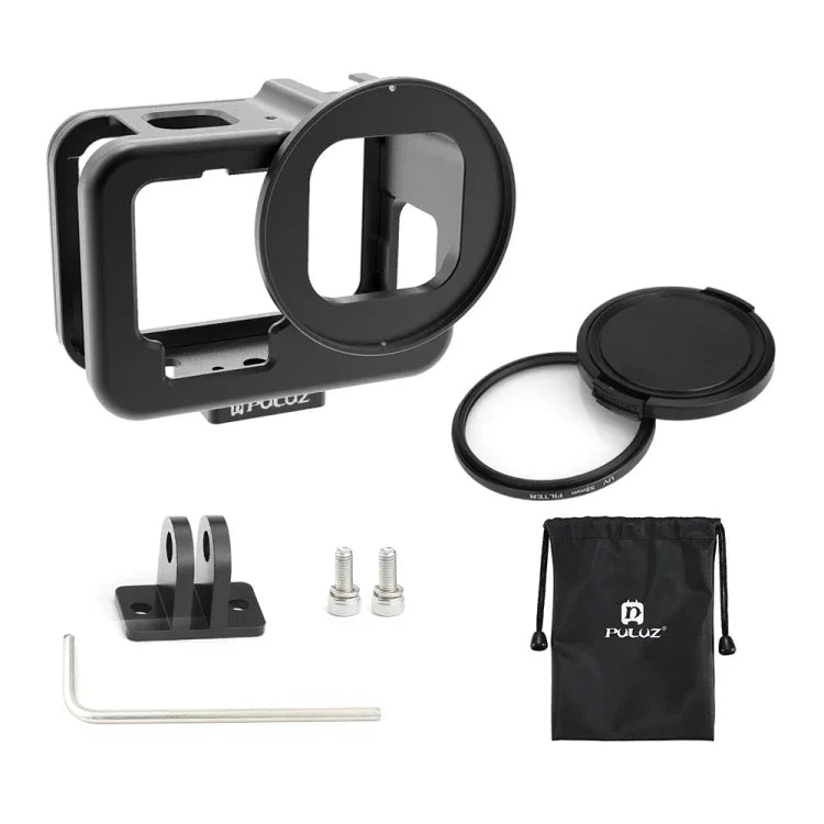 เคสกันกระแทก CNC อะลูมิเนียม PULUZ สำหรับ GoPro HERO13 Black /12 Black /11 Black /10 Black /9 Black พร้อมกรอบประกันและเลนส์ UV 52 มม., สำหรับ GoPro HERO9 Black รุ่นบาง