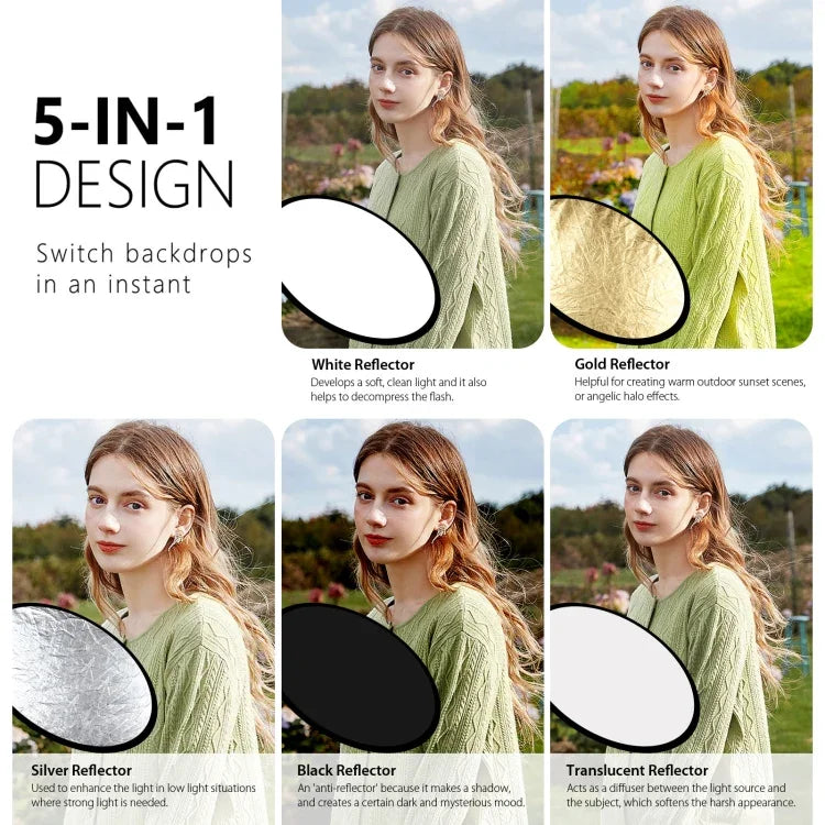 PULUZ แผ่นสะท้อนแสงสตูดิโอพับได้ 5-in-1 ขนาด 110 ซม. (เงิน / โปร่งแสง / ทอง / ขาว / ดำ), แผ่นสะท้อนแสง 110 ซม.