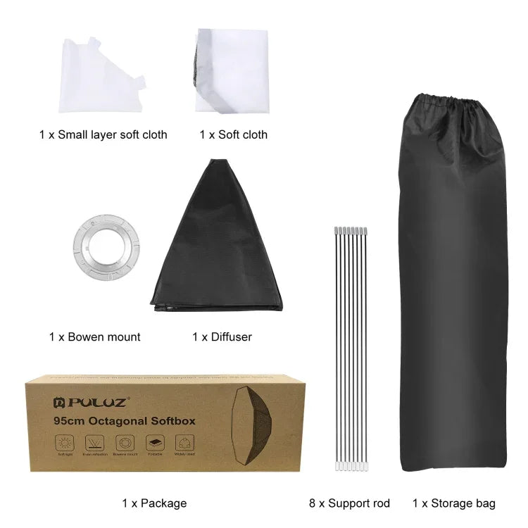 PULUZ ตัวกระจายแสงแฟลชแบบแปดเหลี่ยมพาราโบลิกขนาด 95 ซม. ติดตั้ง Bowens, 95 ซม. แปดเหลี่ยม