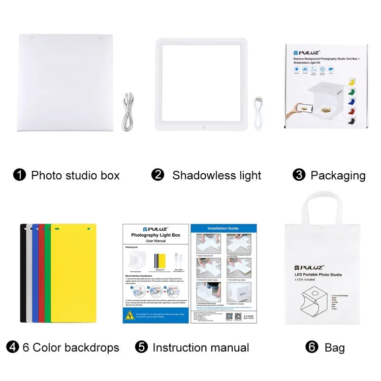 PULUZ แผงไฟ LED ถ่ายภาพแบบไม่มีเงา ขนาดเล็ก พร้อมเต็นท์สตูดิโอสำหรับถ่ายภาพ วัสดุอะคริลิค พื้นที่ใช้งาน 20 ซม. x 20 ซม., 20 ซม. (2 LED) + ไฟไม่มีเงา