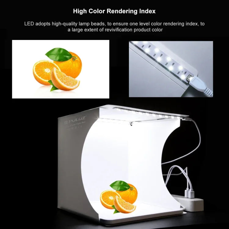 PULUZ แผงไฟ LED ถ่ายภาพแบบไม่มีเงา ขนาดเล็ก พร้อมเต็นท์สตูดิโอสำหรับถ่ายภาพ วัสดุอะคริลิค พื้นที่ใช้งาน 20 ซม. x 20 ซม., 20 ซม. (2 LED) + ไฟไม่มีเงา