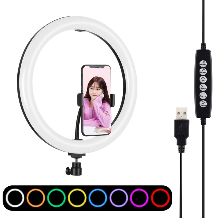 PULUZ ไฟวงแหวน LED โค้ง 11.8 นิ้ว 30 ซม. USB 10 โหมด 8 สี RGBW ปรับความสว่างได้ พร้อมขาตั้งกล้องหัวบอลและที่หนีบโทรศัพท์ ควบคุมด้วยปุ่ม