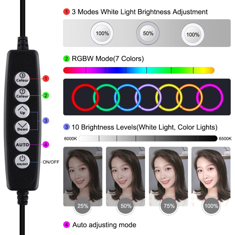 PULUZ ไฟวงแหวน LED โค้ง 11.8 นิ้ว 30 ซม. USB 10 โหมด 8 สี RGBW ปรับความสว่างได้ พร้อมขาตั้งกล้องหัวบอลและที่หนีบโทรศัพท์ ควบคุมด้วยปุ่ม