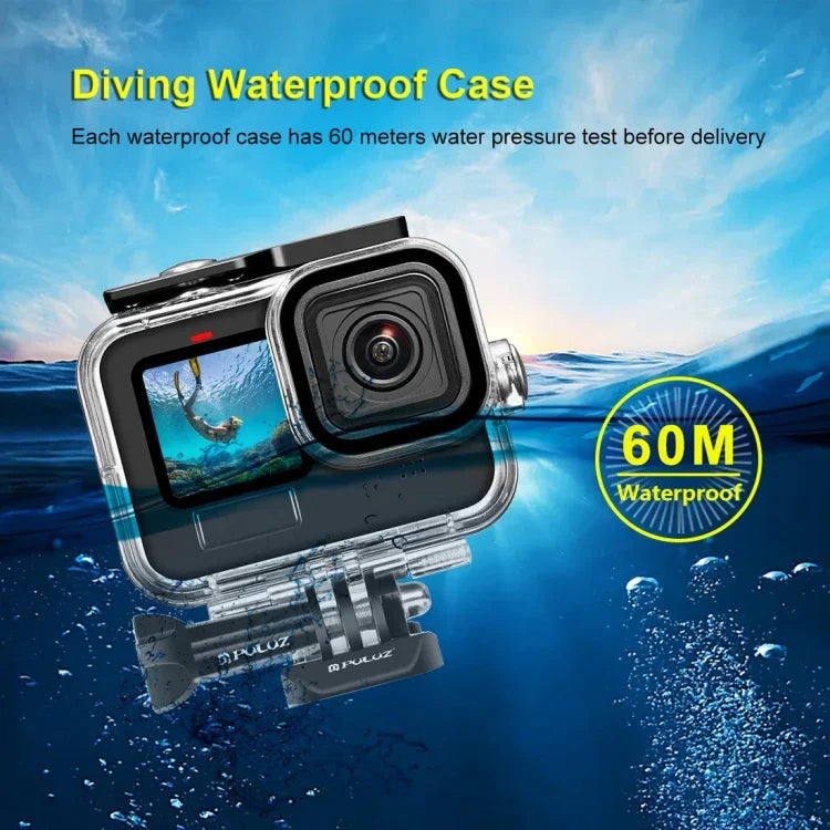 เคสกันน้ำ PULUZ 60m สำหรับ GoPro HERO13 Black /12 Black /11 Black /10 Black /9 Black พร้อมตัวยึดพื้นฐานและสกรู, สำหรับ GoPro HERO9 Black