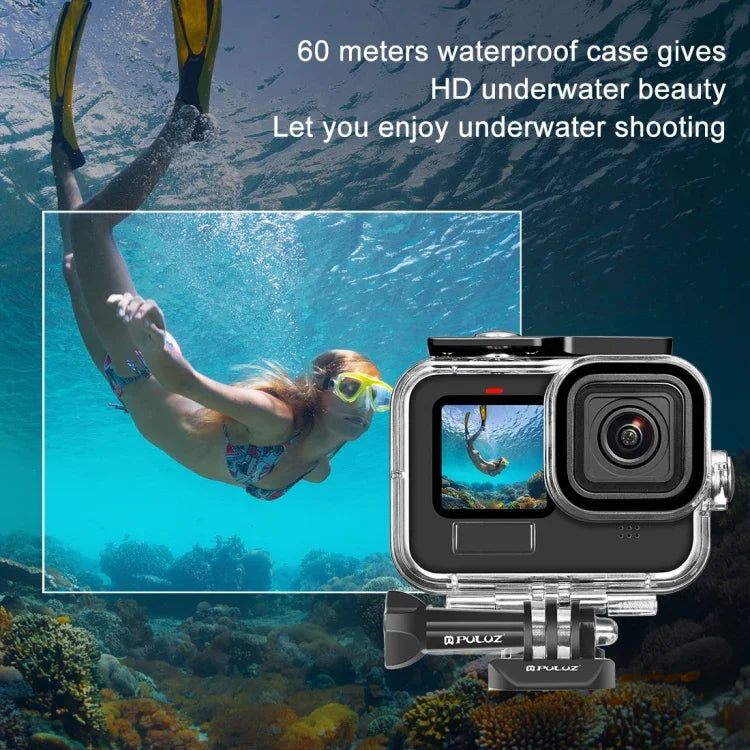 เคสกันน้ำ PULUZ 60m สำหรับ GoPro HERO13 Black /12 Black /11 Black /10 Black /9 Black พร้อมตัวยึดพื้นฐานและสกรู, สำหรับ GoPro HERO9 Black