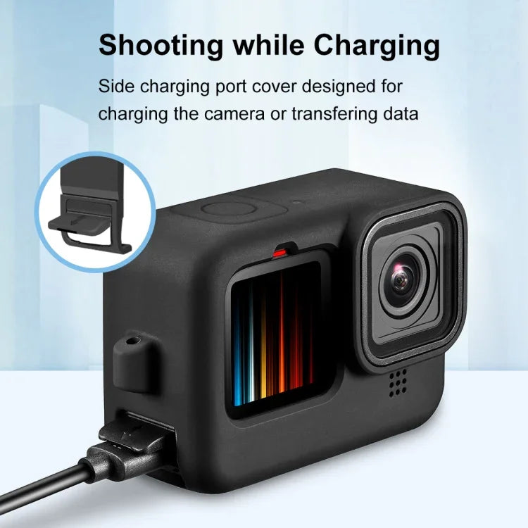 PULUZ เคสซิลิโคนกันกระแทกสำหรับ GoPro HERO12 Black /11 Black /10 Black /9 Black พร้อมฝาครอบพอร์ทด้านข้าง POM พร้อมสายรัดข้อมือและฝาปิดเลนส์, สำหรับเคสซิลิโคน GoPro HERO12 Black พร้อมฝาครอบด้านข้าง