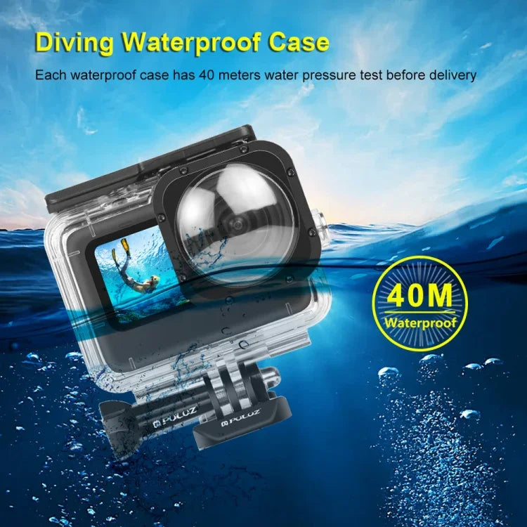 PULUZ เคสกันน้ำลึก 40 เมตรพร้อมตะขอและฐานติดตั้งสกรูสำหรับ GoPro HERO12 Black /11 Black /11 Black Mini /10 Black /9 Black Max Lens Mod, สำหรับ GoPro Hero11 Black / HERO10 Black