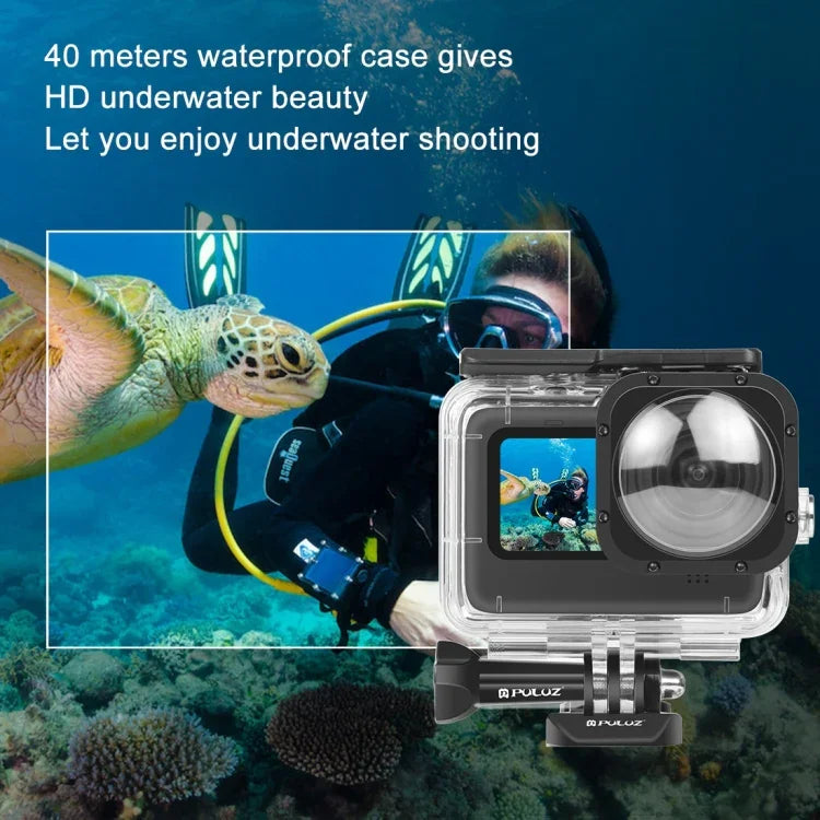 PULUZ เคสกันน้ำลึก 40 เมตรพร้อมตะขอและฐานติดตั้งสกรูสำหรับ GoPro HERO12 Black /11 Black /11 Black Mini /10 Black /9 Black Max Lens Mod, สำหรับ GoPro Hero11 Black / HERO10 Black