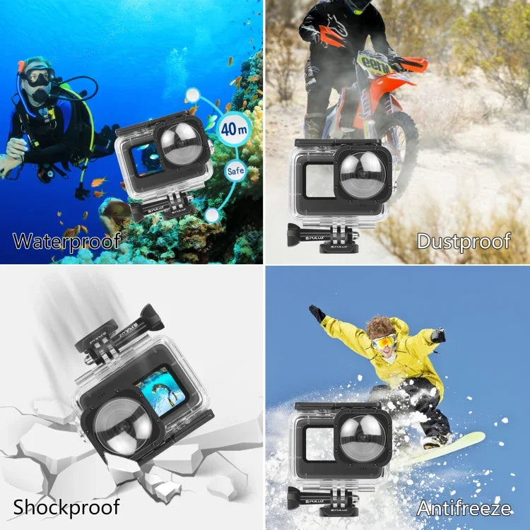 PULUZ เคสกันน้ำลึก 40 เมตรพร้อมตะขอและฐานติดตั้งสกรูสำหรับ GoPro HERO12 Black /11 Black /11 Black Mini /10 Black /9 Black Max Lens Mod, สำหรับ GoPro Hero11 Black / HERO10 Black
